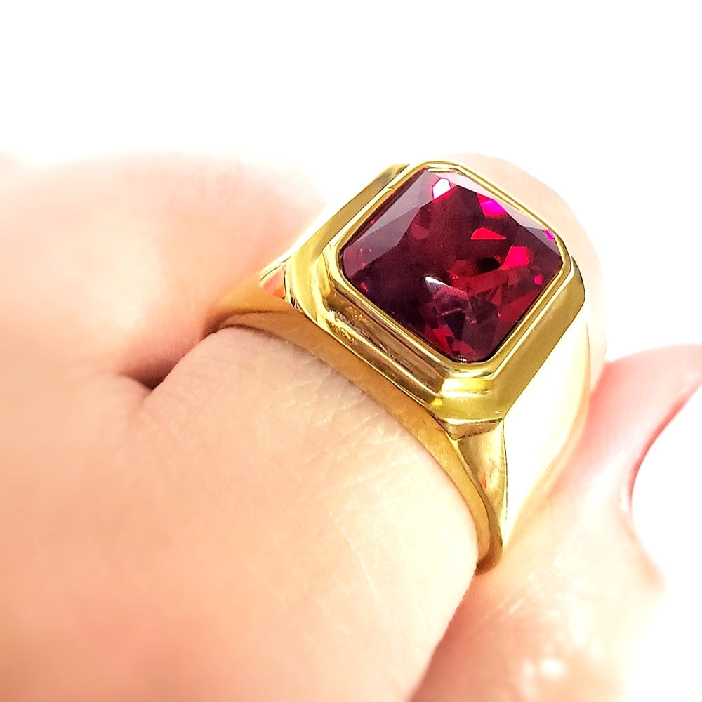 Gold Red CZ Stainless Steel Ring, Gold Signet Ring, Red Ruby Color CZ Stone Men